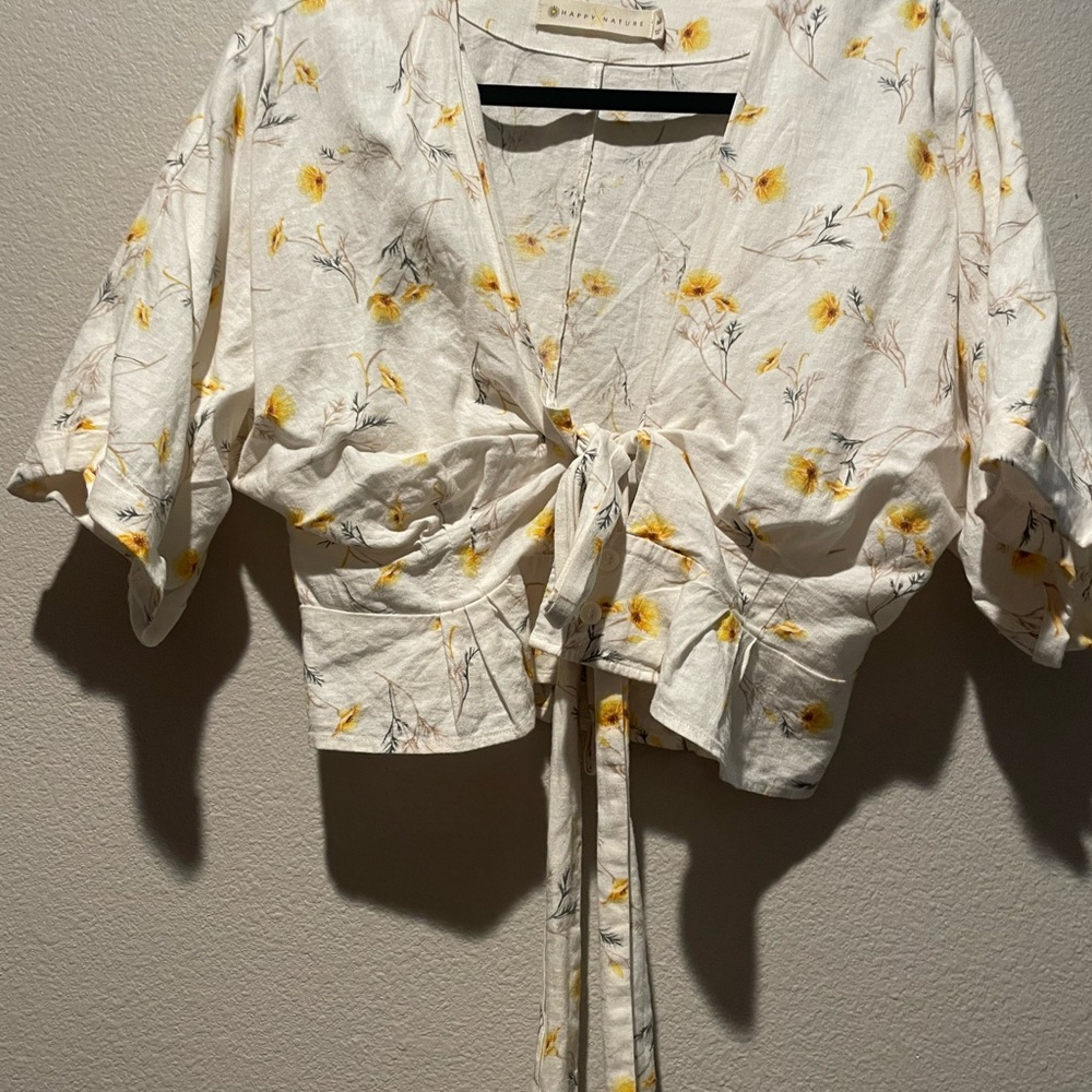Aritzia Floral Wrap Blouse - White and Yellow